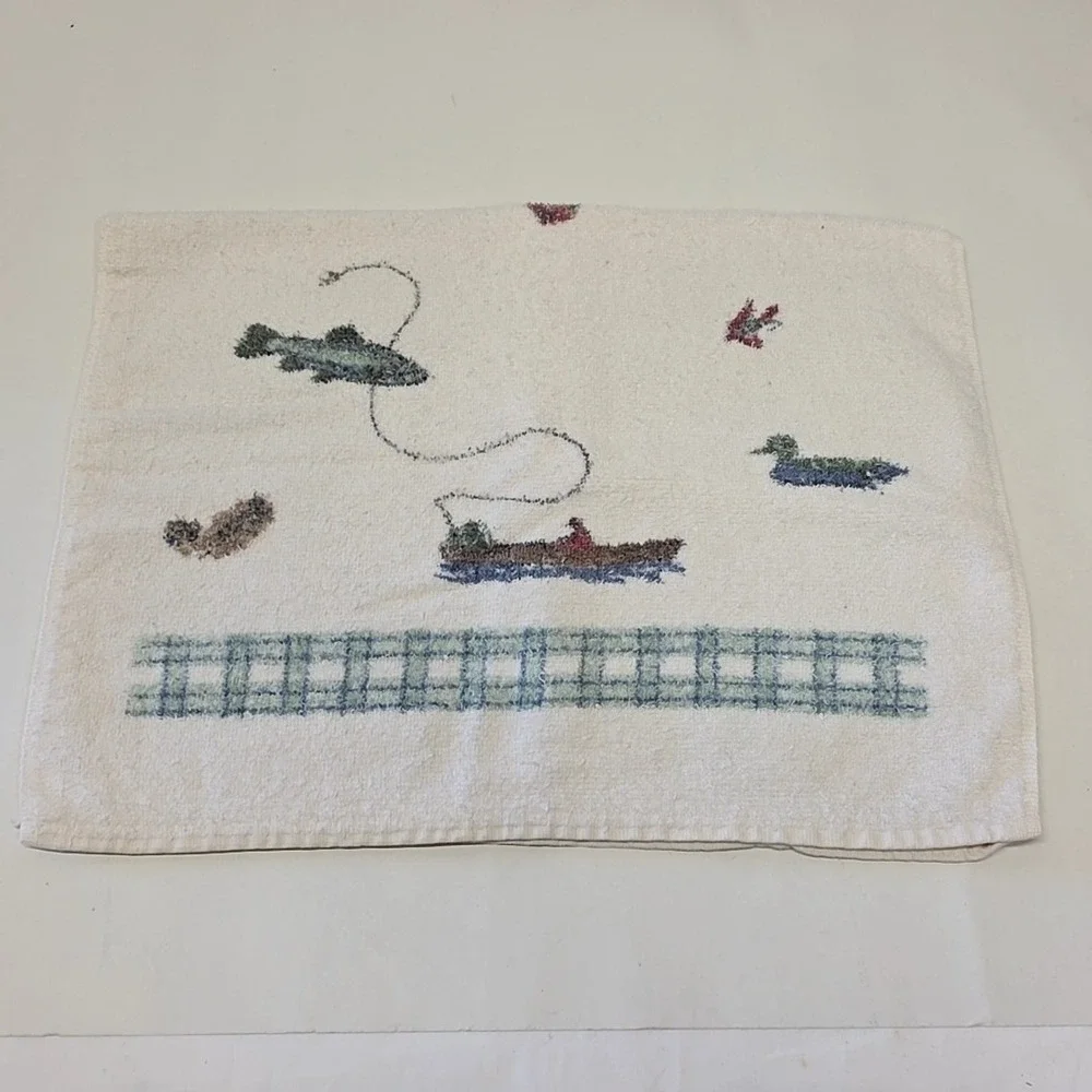 Cannon Fishing Hand Towel Set Cream Vintage Plaid Ducks Trout USA Rustic Cabin